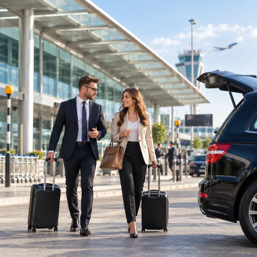 Business travellers walking toward a Koogle ride at the airport