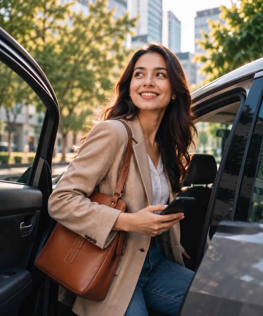 Passenger stepping out of a Koogle ride on a city street